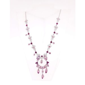 Silver necklace with pendant with pink rhinestones