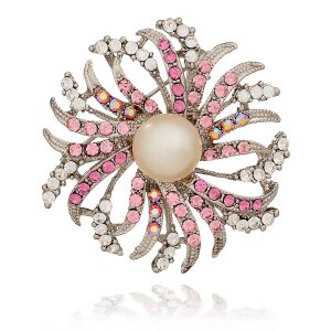 Silver brooch with pink/crystall rhinestones and fresh...