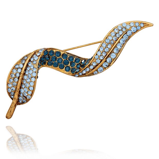 Golden leaf shaped brooch with aqua/blue rhinestones