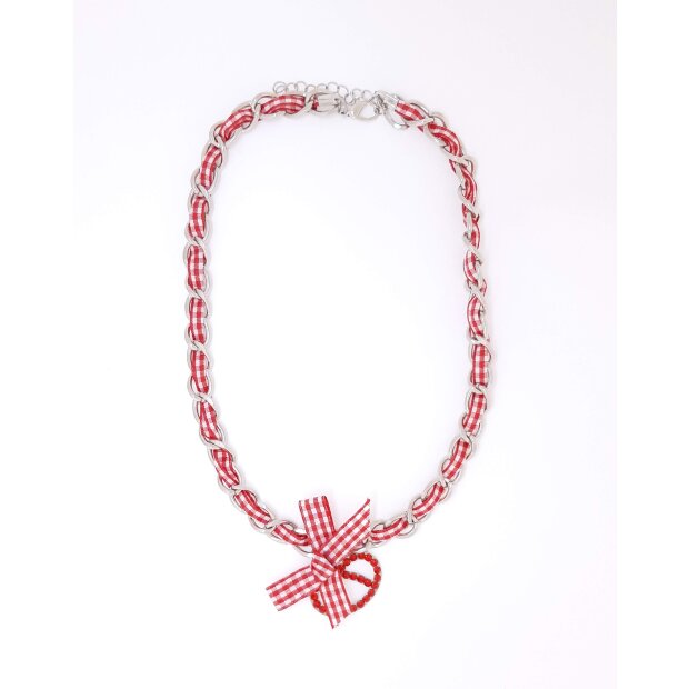 Edelweiss bavarian style necklace, checkered ribbon, with pretzel pendant with rhinestones and bow, red