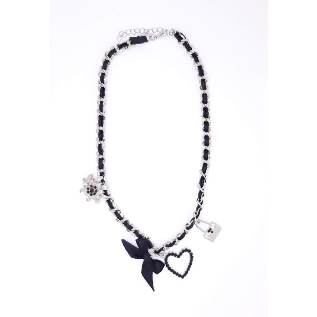 Bavarian style necklace with bow and three different pendants (heart, edelweiss and handbag) with rhinestones, black