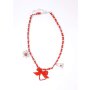 Bavarian style necklace with bow and three different pendants (heart, edelweiss and handbag) with rhinestones, red