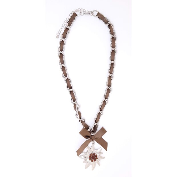 Edelweiss Trachten Damen Halskette Stoffband Edelweiss-Anh&auml;nger Messing 42 cm, dunkelbraun 143-3-3