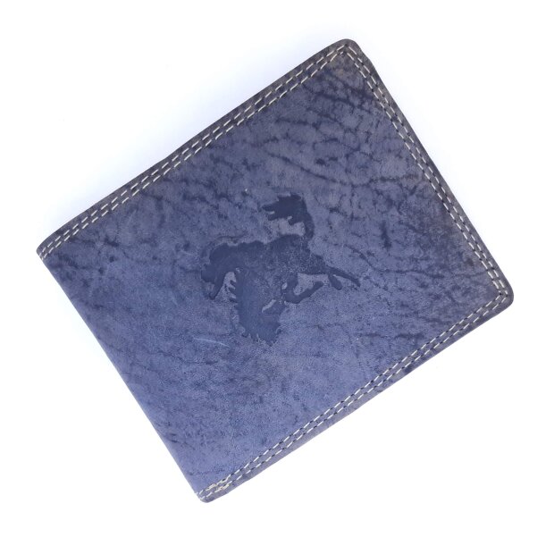 Real leather wallet with cowboy and horse motif, navy blue
