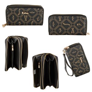 Leatherette wallet for ladies, black with pattern