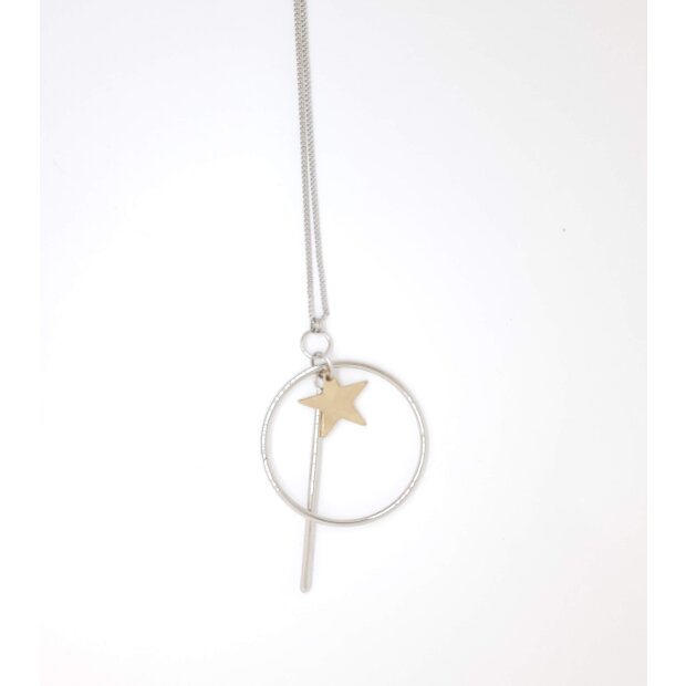Necklace with star, rod, round pendant, length 90 cm, silver