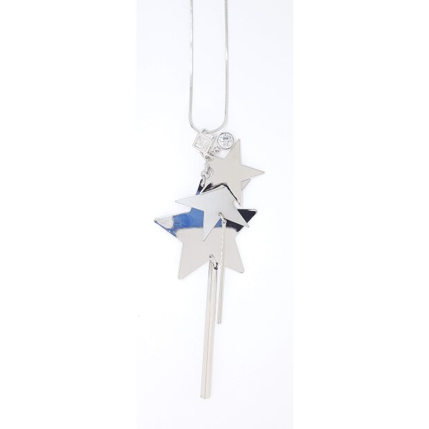 Long necklace with three star pendants and two pendants with crystal stones silver