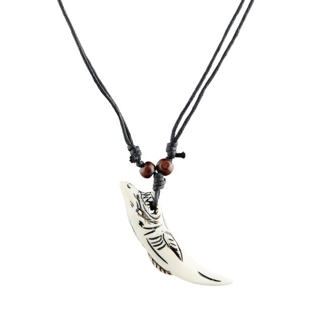 Leather necklace with saber-toothed pendant with carved shark head
