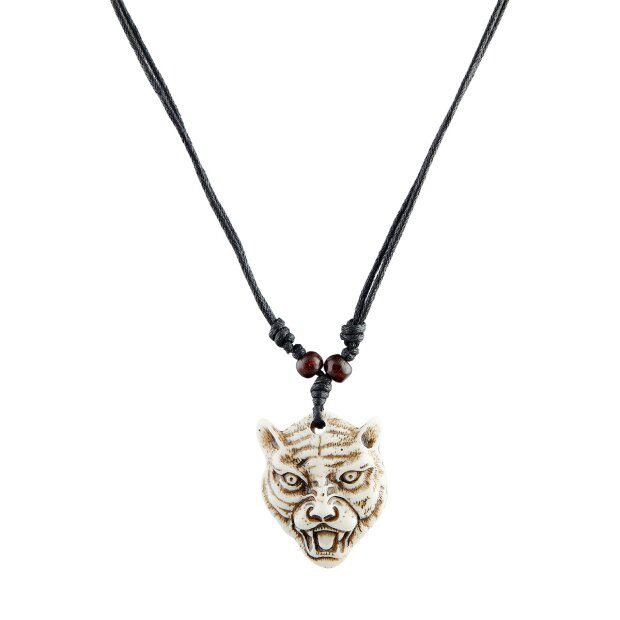 Leather necklace with carved tigers head pendant