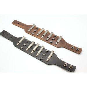 leather bracelet, cartridge cases, rivets, button, adjustable