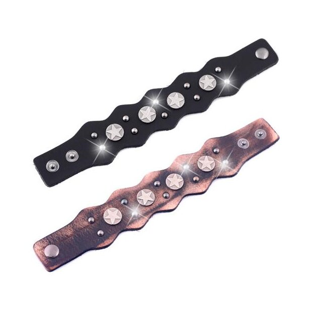 leather bracelet, star design, discreet rivets, press button, adjustable