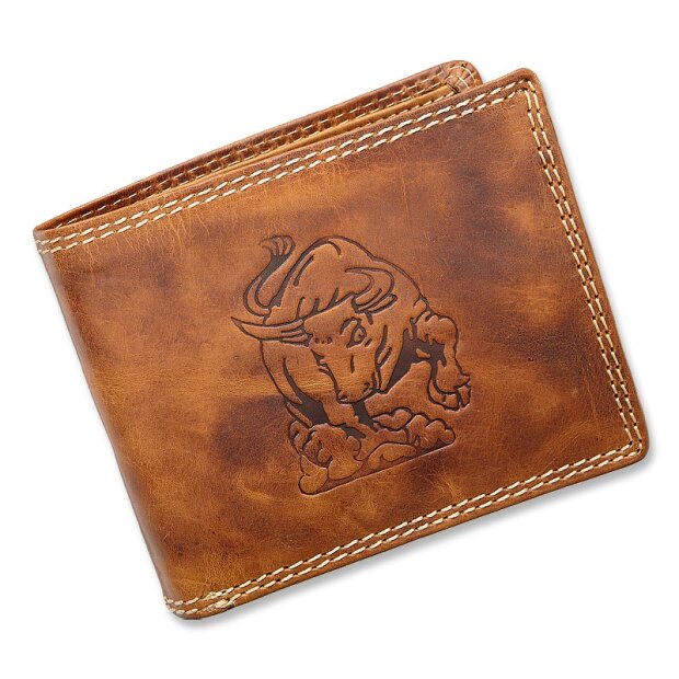 Real leather wallet with bull motive in a landscape format