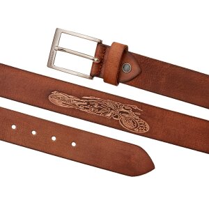 Buffalo leather belt with motor cycle motif, 4 cm wide, length 90,100,110,120 cm, 6 pieces