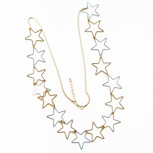 Modische lange Halskette mit Sternanh&auml;ngern silber+gold