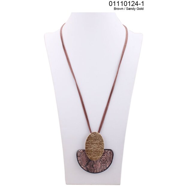 Fashionable long necklace with large pendant brown+gold