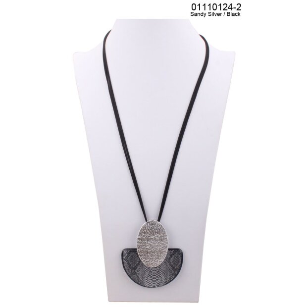 Fashionable long necklace with large pendant grey+silver