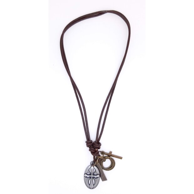 Real leather necklace with oval pendant with cross dark brown