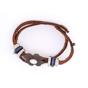 Real leather bracelet with flower brown
