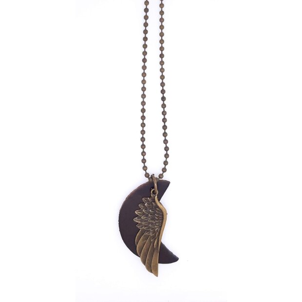 Ball necklace with pendant made of leather and wing pendant brown+gold