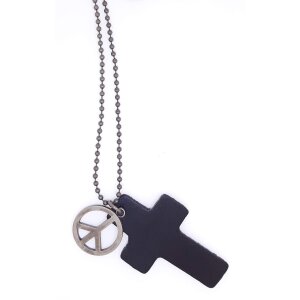 Ball necklace with cross pendant made of leather and peace pendant silver