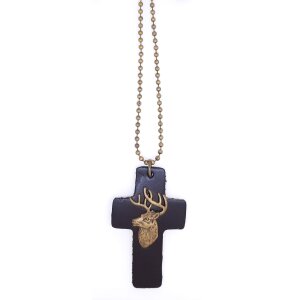 Ball necklace with cross pendant made of leather with deer head