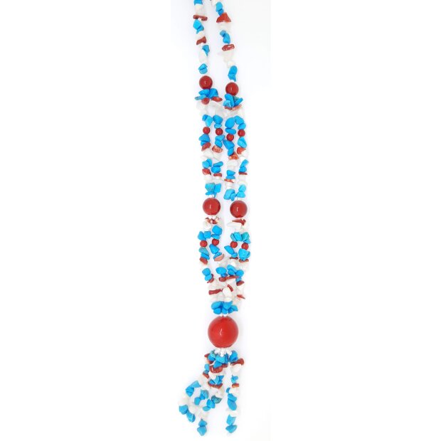 Ypsilonkette mit verschiedenfarbigen Schmucksteinen und roten Perlen