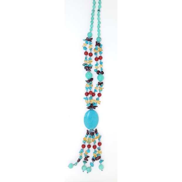 Ypsilon necklace with turquoise pearls and different coloured gemstones