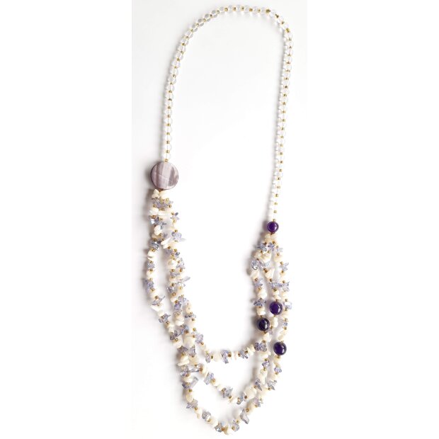 Necklace with purple and white gemstones, purple pearls and glas pearls
