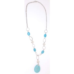 Silver necklace with turquoise gemstone and glass pearls
