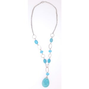 Silver necklace with turquoise gemstone and glass pearls