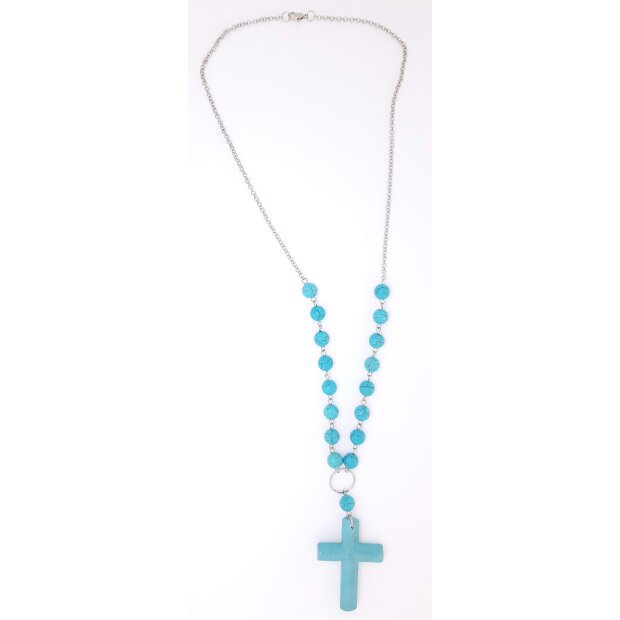 Silver necklace with turquoise pearls and cross pendant
