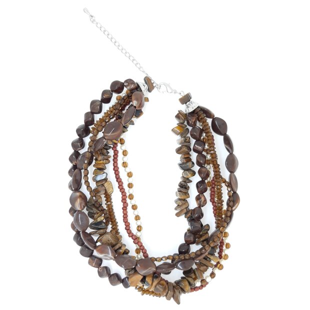 Multi row necklace with gemstones, pearls and glass pearls tiger eye