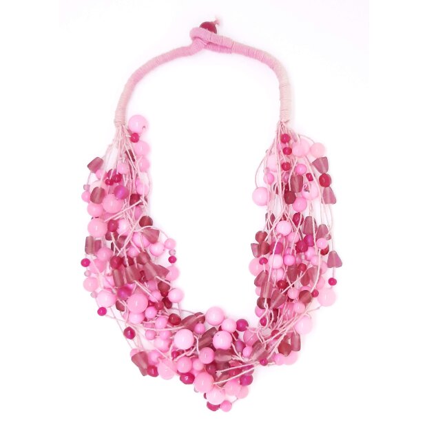 Mehrreihige Kette mit Schmucksteinen, Perlen und Glasperlen pink