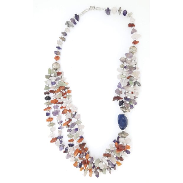 Necklace with gemstone and silver pearls multi colour