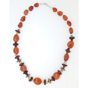 Necklace with orange gemstones, different coloured pearls...