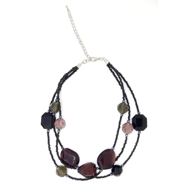 Necklace with purple glass stones, black gemstones and glass pearls