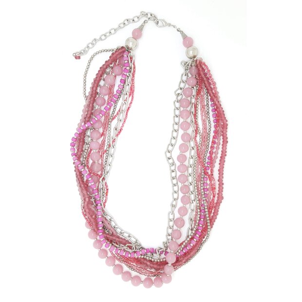 Multi row necklace with different silver necklaces and pearls pink