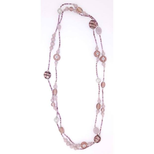 Lange Kette mit Kunstperlen und Glasperlen Wickelkette Mehrfachkette rosa