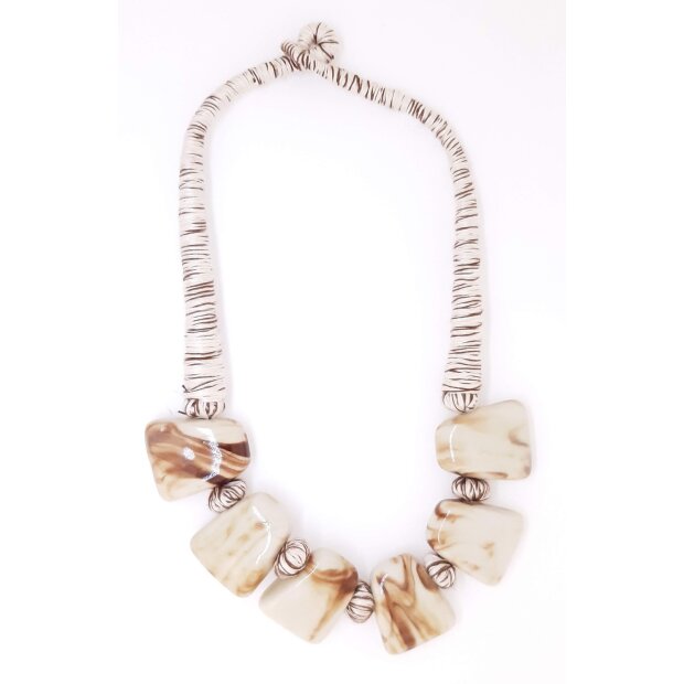 Short necklace with pendants and wrapped with threads statement necklace white+brown