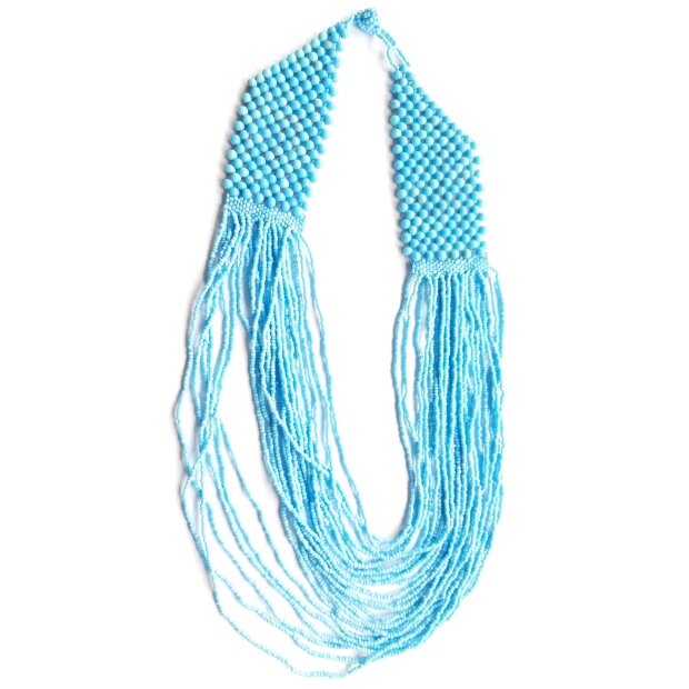 Necklace with turquoise artificial pearls and embroidery beads
