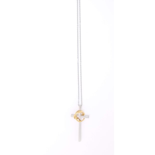 Stainless steel necklace with cross pendant with 2 rings silver+gold