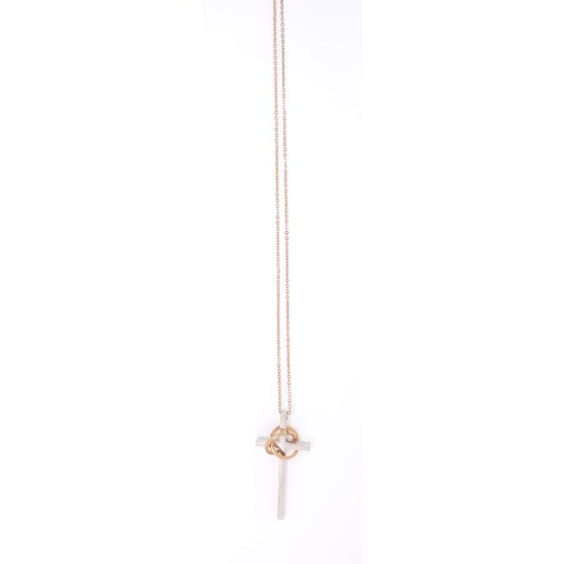 Stainless steel necklace with cross pendant with 2 rings silver+rose gold
