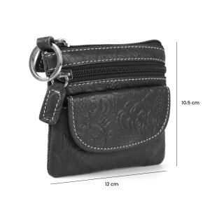 Key pendant key case made of real leather with flower pattern black