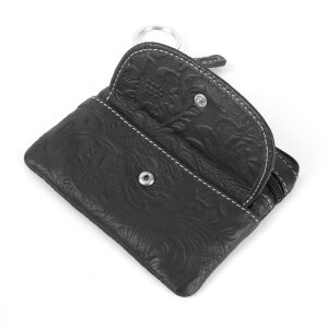 Key pendant key case made of real leather with flower pattern black
