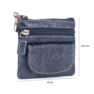 Key pendant key case made of real leather with flower pattern navy blue