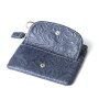 Key pendant key case made of real leather with flower pattern navy blue