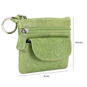 Key pendant key case made of real leather with flower pattern dark green