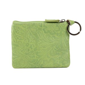 Key pendant key case made of real leather with flower pattern dark green