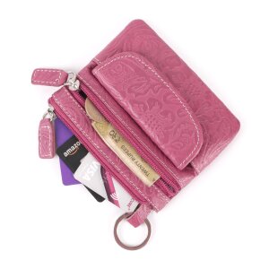 Key pendant key case made of real leather with flower pattern fuchsia