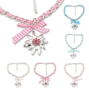 Bavarian style necklace, checkered with bow and edelweiss pendant with rhinestones